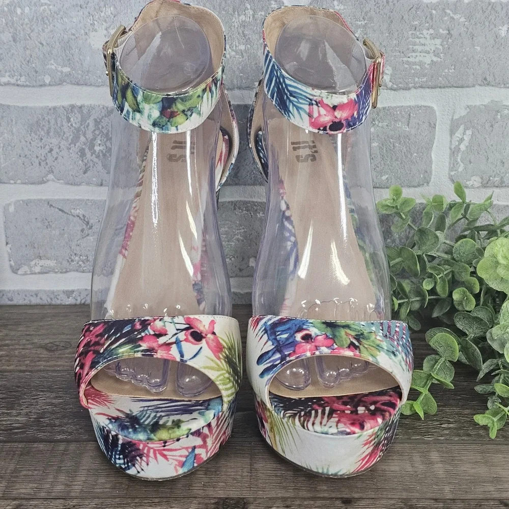 Its Tropical Floral Platform Heels Womens 9 Block Heel Ankle Strap‎ Sandals